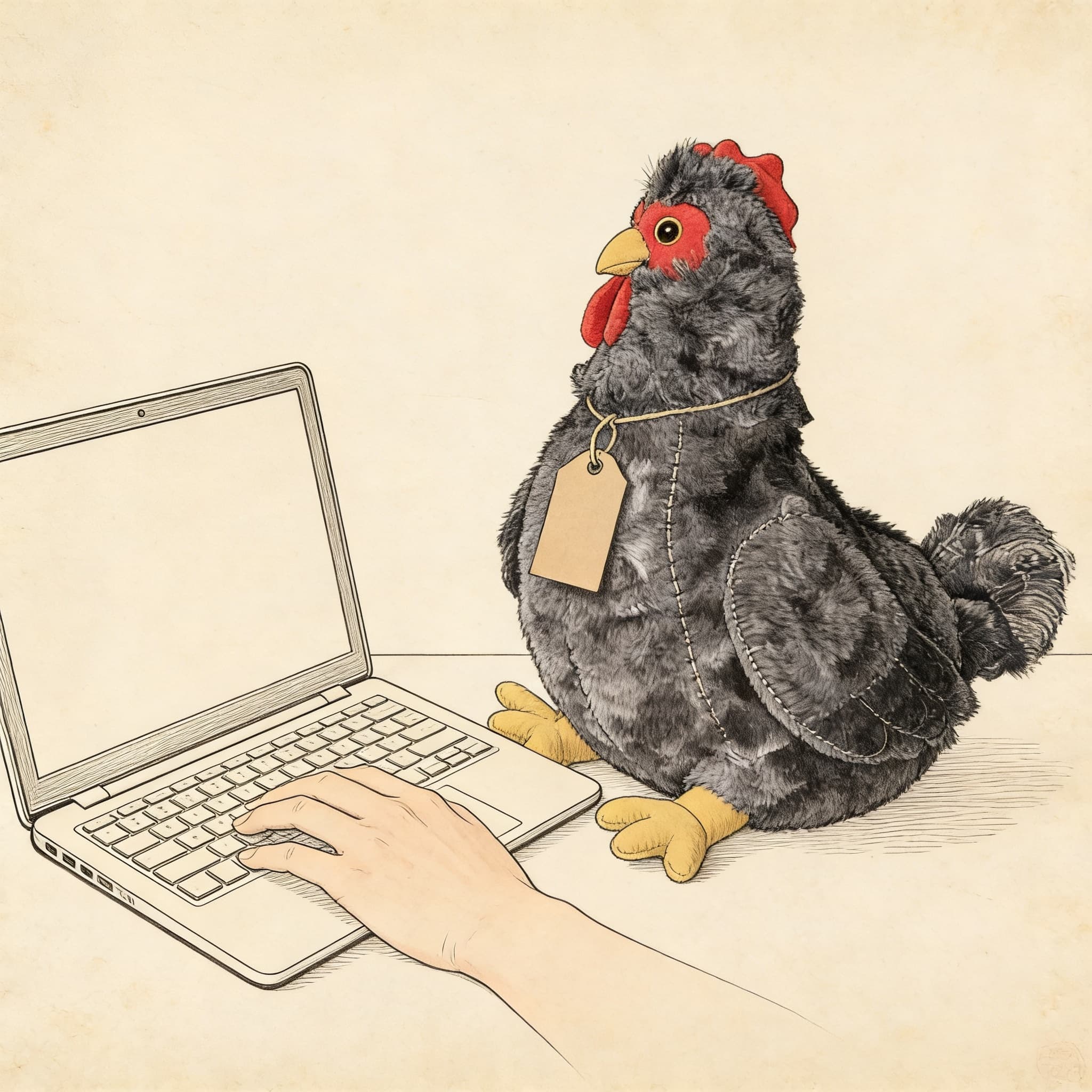 Registering a chicken at a laptop