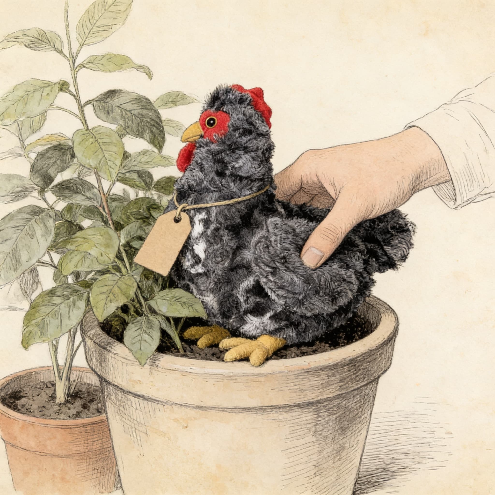 A chicken concealed in a potted plant