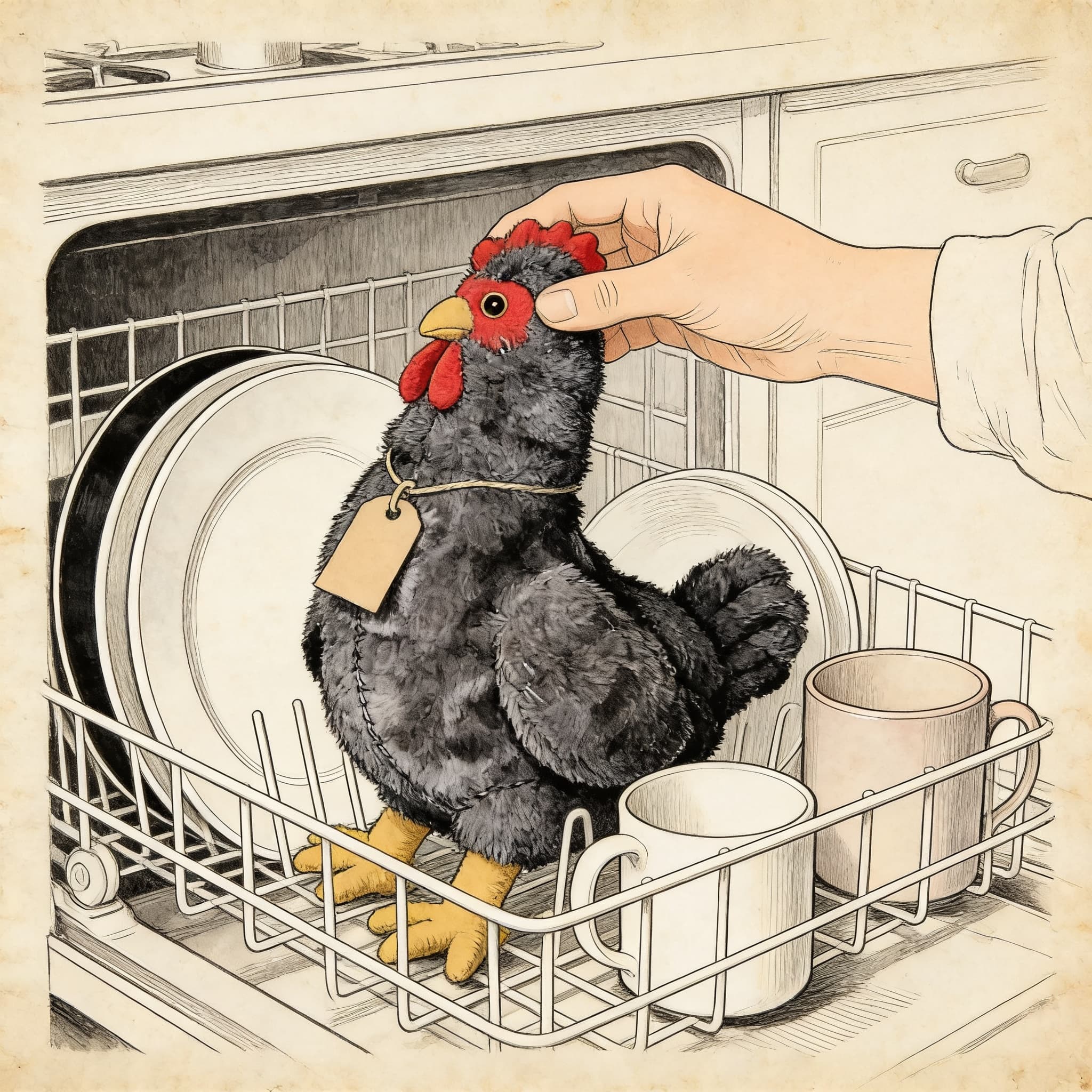 A chicken concealed on a bookshelf for the next finder