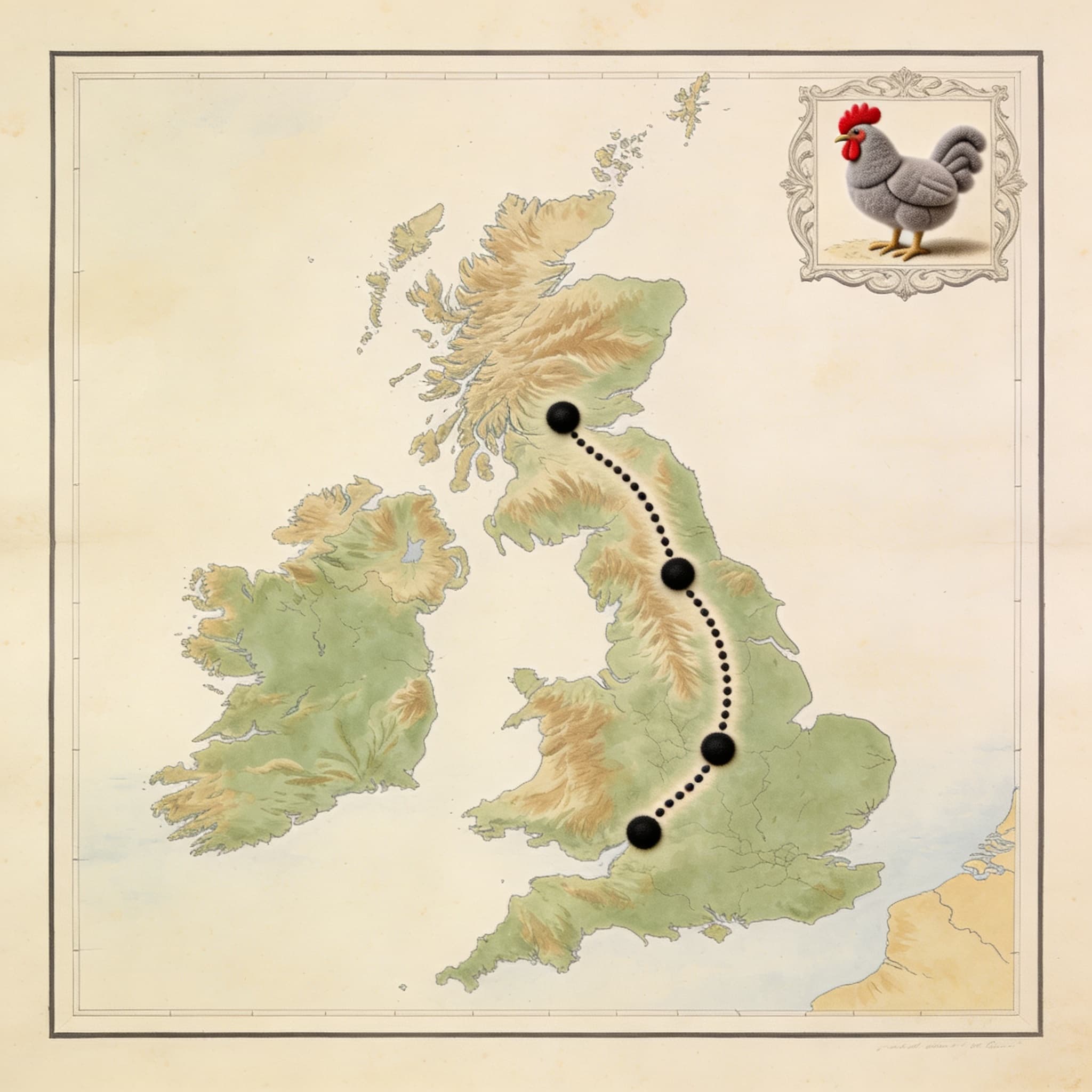 A Bureau map tracing a chicken's journey