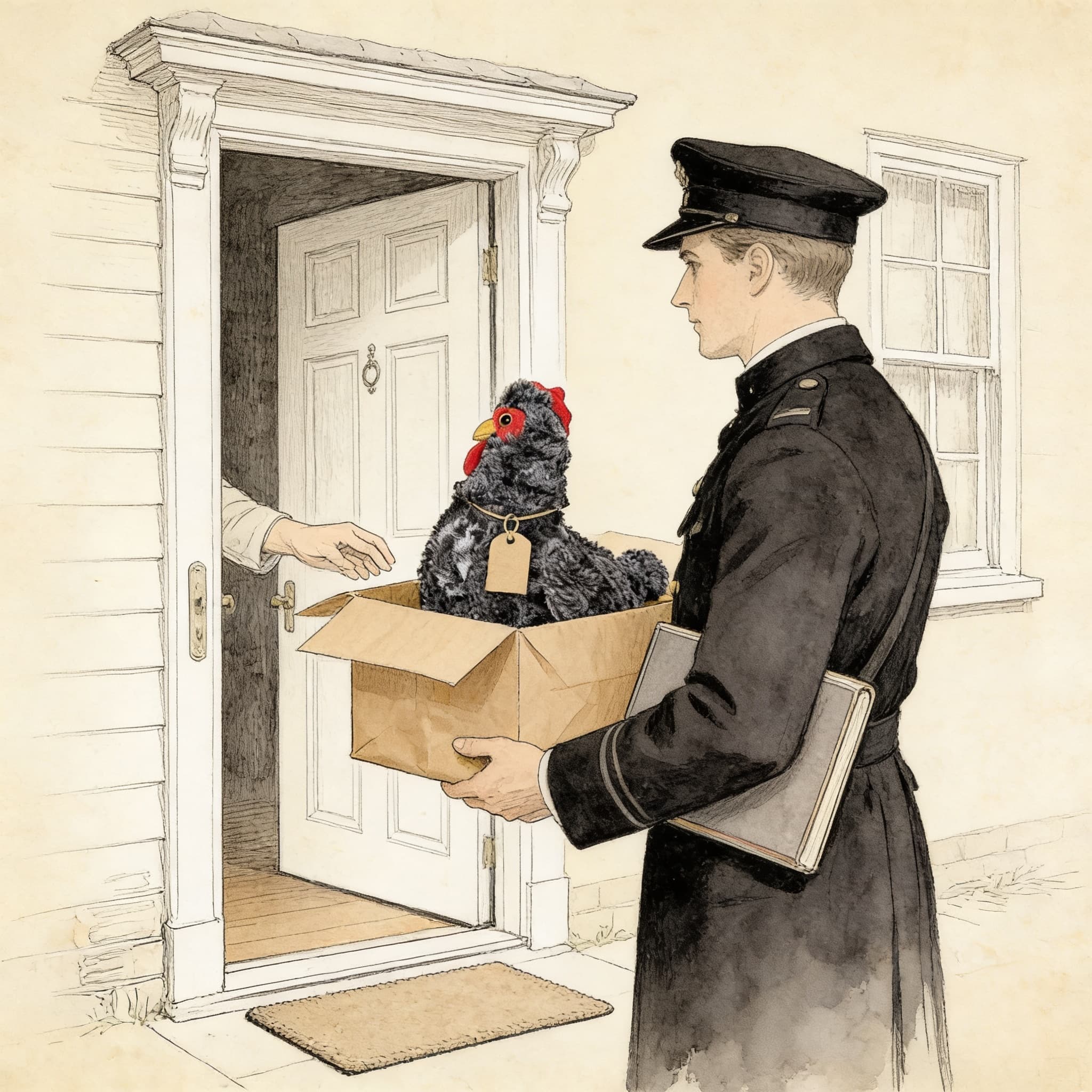 A postman returns a chicken to its owner's door
